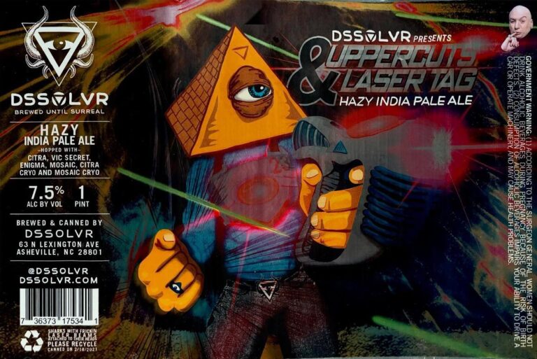 Uppercuts & Laser Tag beer label from DSSOLVR: A cartoon figure with a pyramid head and one eye holds laser tag guns while green beams shoot from them against a dark background.