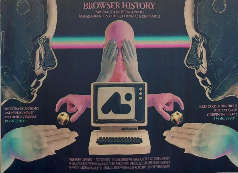 Browser History beer label from Aslin: A central pink figure covers its eyes while hands hover around a retro computer screen displaying an abstract logo. Two large faces flank the scene against a dark background with neon stripes.