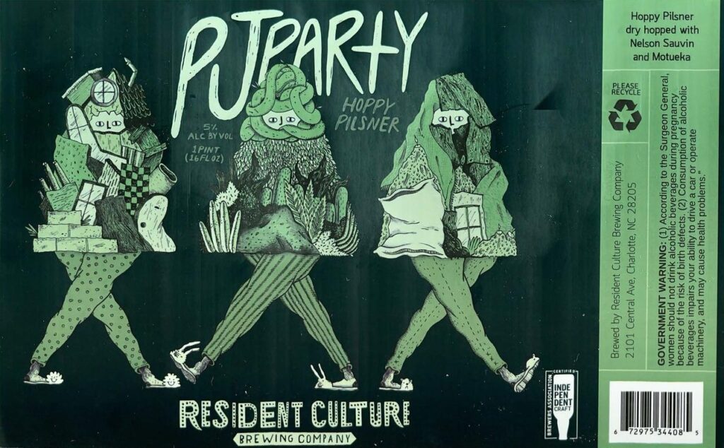PJ Party beer label from Resident Culture, artwork by Maryssa Pickett