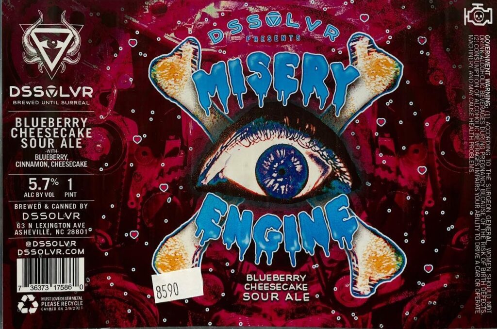 Misery Engine beer label from DSSOLVR: A large blue eye with dripping lettering above and below it. The background is dark red with small white dots.
