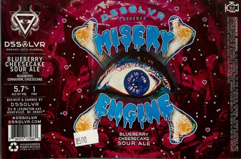 Misery Engine beer label from DSSOLVR: A large blue eye with dripping lettering above and below it. The background is dark red with small white dots.