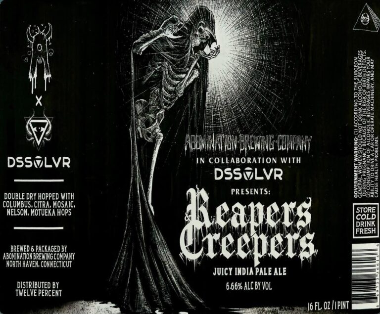 Reapers & Creepers beer label from Abomination & DSSOLVR: A skeletal figure in a hooded robe stands against radiating lines, holding its head with one hand and gripping a staff-like object.