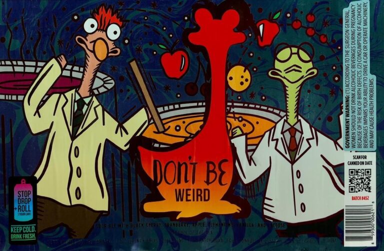 Don’t Be Weird beer label from Oozlefinch: Two cartoon scientists in lab coats stir a bubbling cauldron labeled 'DON'T BE WEIRD' with floating apples and planets against a dark blue cosmic background.