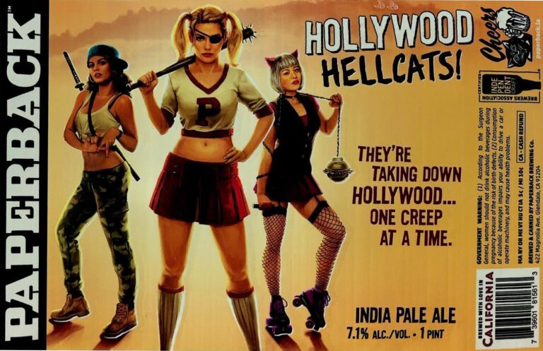 Hollywood Hellcats beer label from Paperback: Three stylized female figures in athletic and edgy outfits stand against a warm-toned background. One wears camo pants with a sword; another sports pigtails, an eyepatch, and roller skates; the third has cat ears and fishnet stockings.