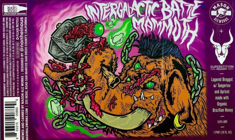 Intergalatic Battle Mammoth beer label from Mason Ale Works & Superstition: A brown mammoth with green eyes and a mohawk is chained while holding a glowing hammer; purple background.