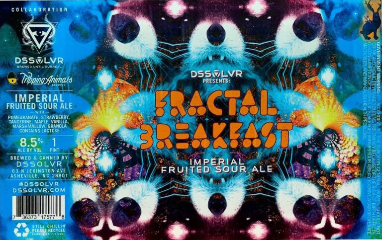 Fractal Breakfast beer label from DSSOLVR: A symmetrical design with glowing eyes and circuit-like patterns surrounding a central title in orange block letters.