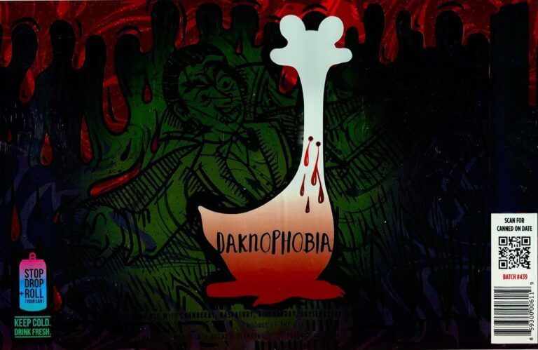 Danknophobia beer label from Oozlefinch: A white bone-shaped object drips red liquid over a green-skinned figure in dark shadows.