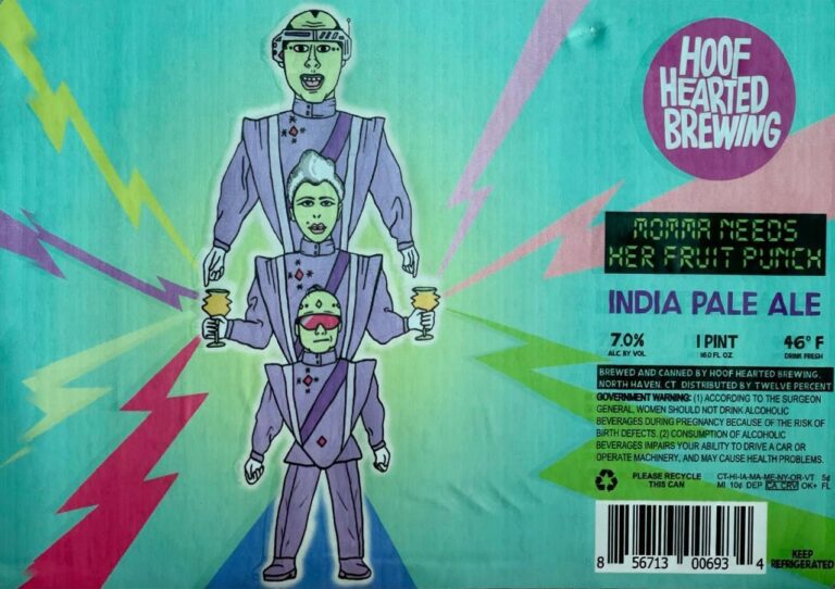Mama Needs Her Fruit Punch beer label from Hoof Hearted: Three green-skinned figures in purple uniforms stand stacked; top and middle hold golden cups. Lightning bolts radiate outward on a teal background.