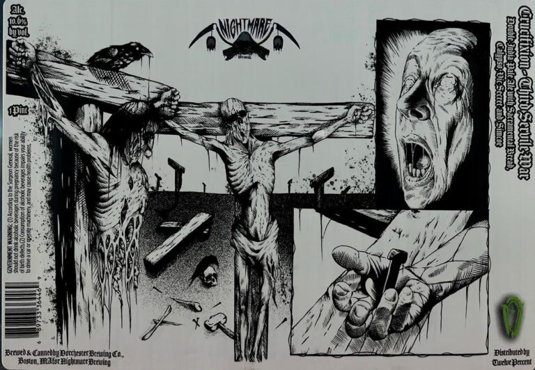Crucifixion – Third Servile War beer label from Nightmare: Two emaciated figures nailed to a wooden cross with blood dripping; skeletal hands hold nails in inset panels. A screaming face and crow appear above.