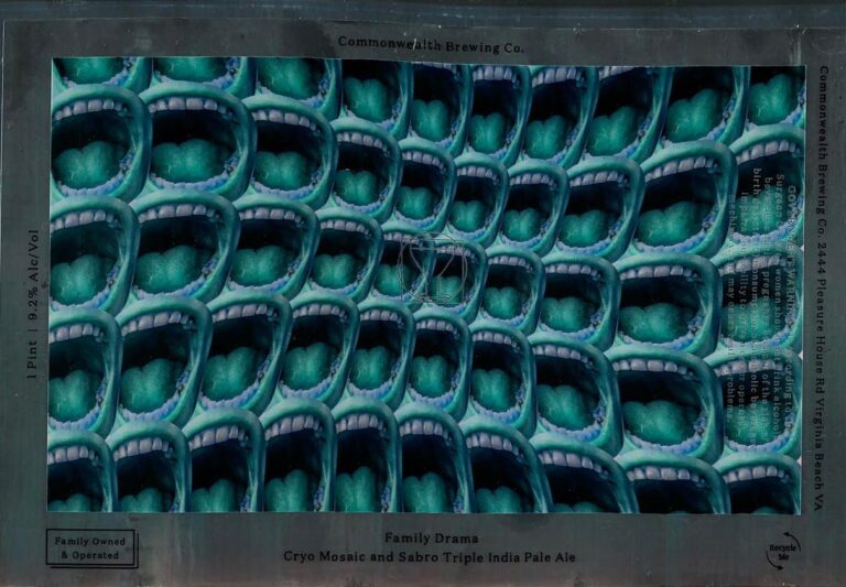 Family Drama beer label from Commonwealth: A grid of identical teal mouths with white teeth and tongues fills the frame in a repeating pattern.