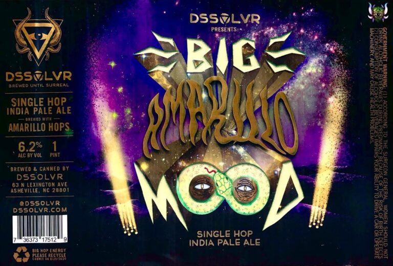 Big Amarillo Mood beer label from DSSOLVR: A cosmic scene with a stylized snake coiled around glowing eyes inside letters of 'MOOD', flanked by golden light beams against purple nebulae.