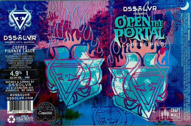 Open the Portal beer label from DSSOLVR: Two stylized triangular figures with flame-like extensions rise from a textured blue and purple background.