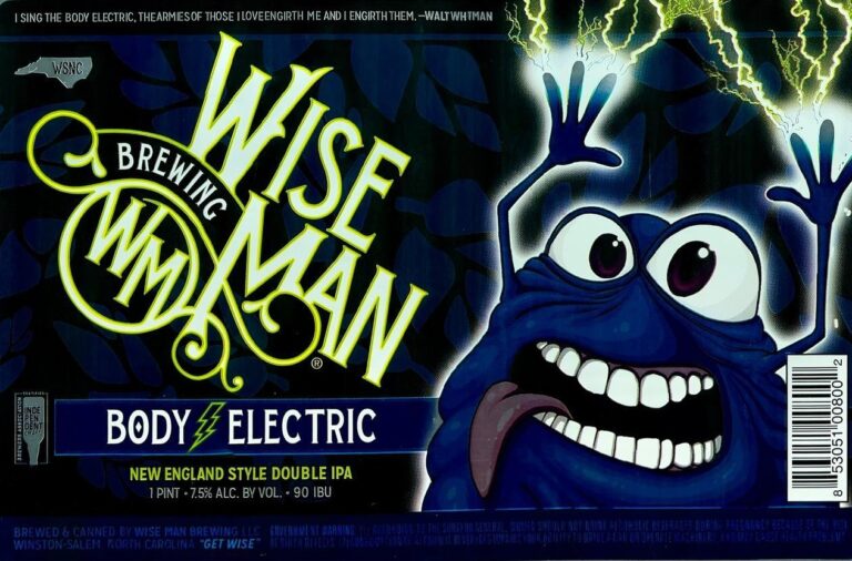 Body Electric beer label from Wise Man: A blue cartoon monster with wide eyes and a toothy grin raises hands amid yellow lightning bolts against dark leaves.