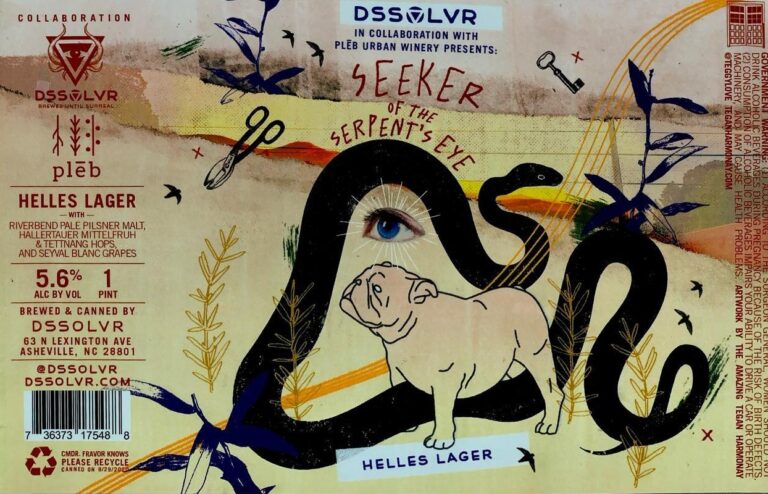 Seeker of the Serpent’s Eye beer label from DSSOLVR: A black serpent coils around a blue eye and a bulldog; scissors cut through yellow-orange rays on a textured beige background with scattered birds.