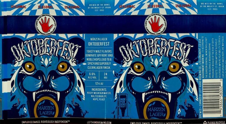 Oktoberfest beer label from Left Hand: two blue lion-like beasts facing outwards with bared teeth, on blue and white
