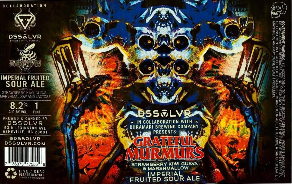 Grateful Murmus beer label from DSSOLVR: A symmetrical composition of a blue skull with multiple eye sockets and skeletal hands holding flaming torches against an orange-red background.