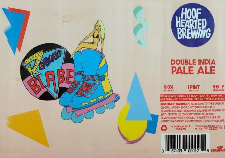 Roller Babe beer label from Hoof Hearted: A blonde woman in a bikini sits atop large blue roller skates with pink wheels. Geometric shapes and bold lettering surround her.