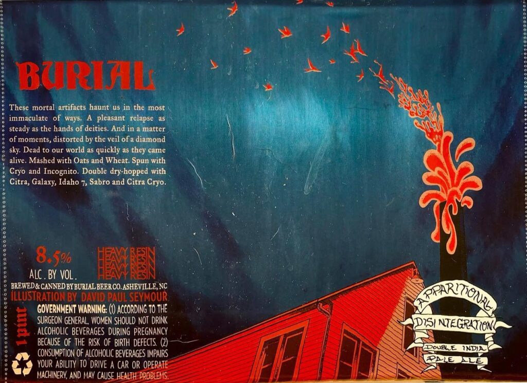 Apparitional Disintegration beer label from Burial, artwork by David Paul Seymour