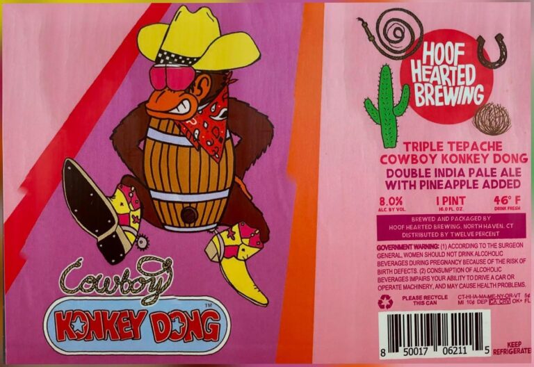 Kongky Dong beer label from Hoof Hearted: A barrel-bodied monkey wearing a yellow cowboy hat, pink sunglasses, red bandana, and boots stands on one leg with skateboard in hand against purple background.