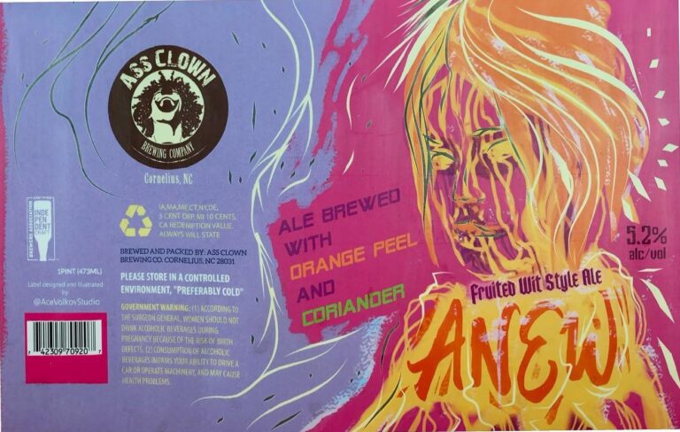 Anew beer label from Ass Clown: A stylized portrait of a person with flowing hair rendered in pink and yellow tones against a purple background.