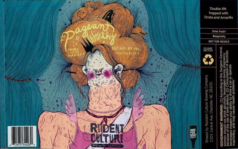 Pageant Worthy beer label from Resident Culture, artwork by Maryssa Pickett