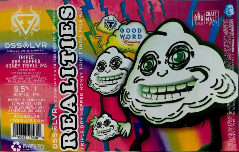 Realities beer label from DSSOLVR: Three cartoonish cloud figures with wide eyes and toothy grins float against a rainbow background. One large figure dominates right; smaller ones cluster left.