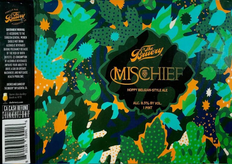 Mischief beer label from The Bruery Terreux: A dark green central shape with gold lettering sits amid a chaotic pattern of stylized leaves and cacti in teal, orange, blue, and lime.