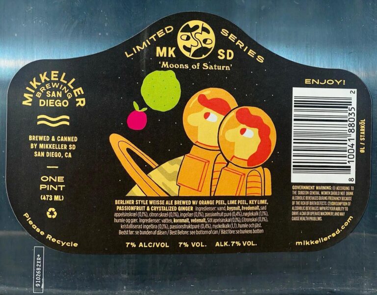 Moons of Saturn beer label from Mikkeller SD: cartoon figures in orange spacesuits beside planets, on dark blue