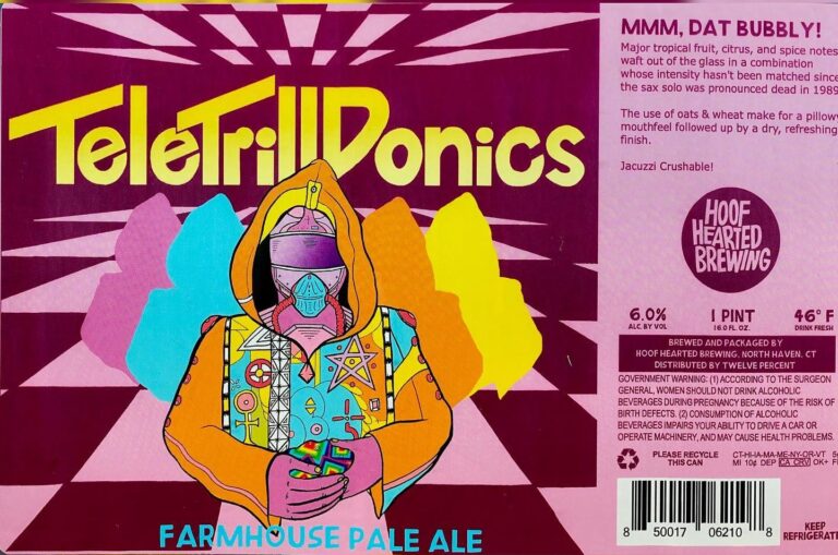 TeleTrillDonics beer label from Hoof Hearted: A hooded figure in a colorful patterned hoodie holds a small object. Behind them are abstract shapes and radiating lines on a checkered floor.
