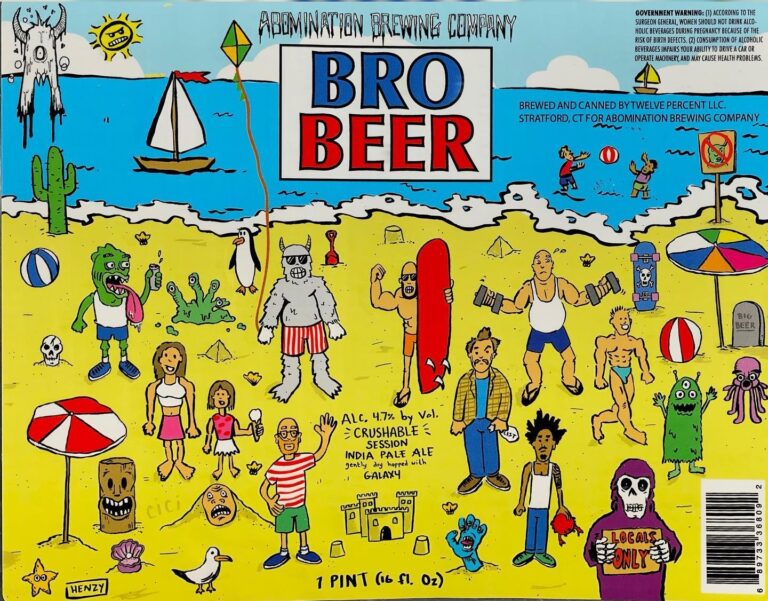 Bro Beer beer label from Abomination: A crowded beach scene with monsters, surfers, and cartoon figures under a blue sky; bold lettering reads 'BRO BEER' above.