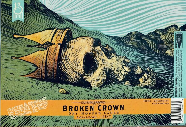 Broken Crown beer label from 13 Stripes: A skull wearing a torn crown lies on grassy ground with rolling hills and stylized wind lines in background.