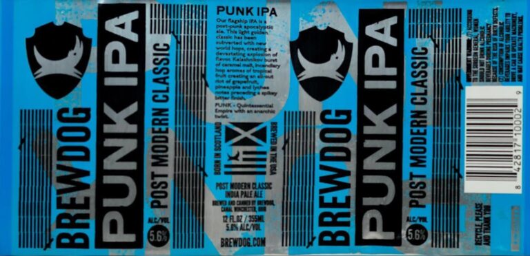Punk IPA beer label from BrewDog: A black shield with a white bird silhouette on blue background; bold vertical lettering and striped patterns frame central text blocks.