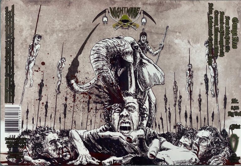 Gunga Rao beer label from Nightmare: A screaming man lies beneath a giant elephant ridden by a figure with scythe and skull emblem; surrounding figures hang from spears against a blood-splattered background.