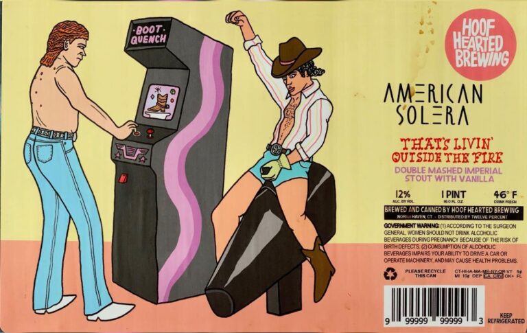 That’s Livin Outside the Fire beer label from Hoof Hearted & American Solera: A shirtless man with long hair plays an arcade machine while a cowboy on mechanical bull raises one arm.