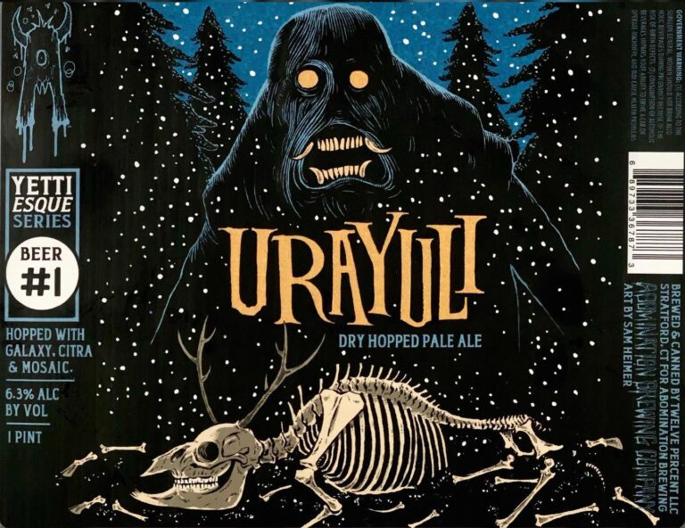 Urayuli beer label from Abomination: A large dark creature with glowing eyes and tusks looms over a skeletal deer in snow-covered pine forest under starry night sky.