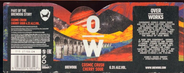 Cosmic Crush Cherry beer label from OverWorks: A stylized landscape with a large planet above an arched bridge over water. The sky is orange and red; stars are visible in dark patches.