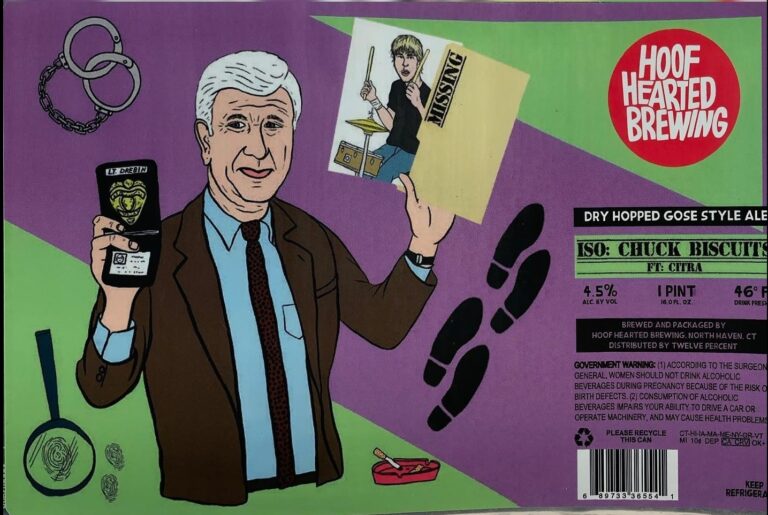 ISO: Chuck Biscuits FT: Citra beer label from Hoof Hearted: A cartoon man in a suit holds a badge and missing poster; handcuffs, magnifying glass, footprints, ashtray surround him on purple-green background.