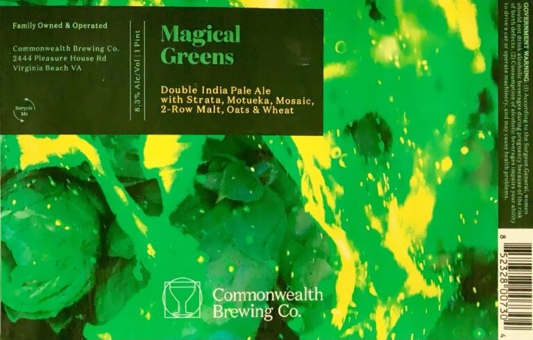 Magical Greens beer label from Commonwealth: Abstract green and yellow splashes over a dark background with faint leaf-like shapes; large white lettering for 'Magical Greens' at top.