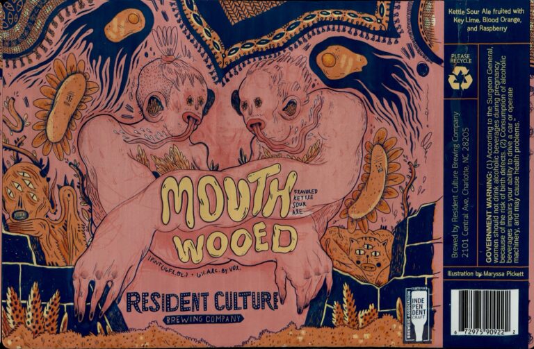 Mouth Wooed beer label from Resident Culture: pink cartoon creatures with large eyes above hand-lettered pink type