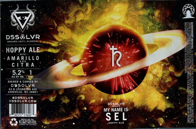 My Name Is Sel beer label from DSSOLVR: A red planet with rings and white sparkles sits in a yellow nebula-like background.