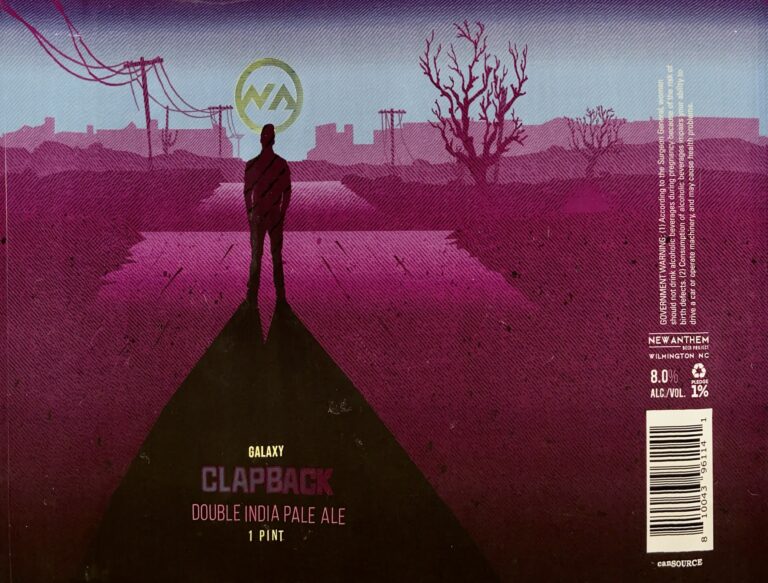 Galaxy Clapback beer label from New Anthem Beer Project: a lone figure on a purple road between power lines under a pink sky