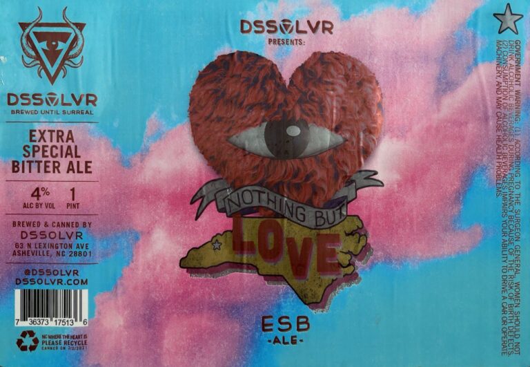 Nothing But Love beer label from DSSOLVR: A fuzzy red heart with a single eye sits above a ribbon reading 'NOTHING BUT LOVE' over a yellow map of North Carolina.