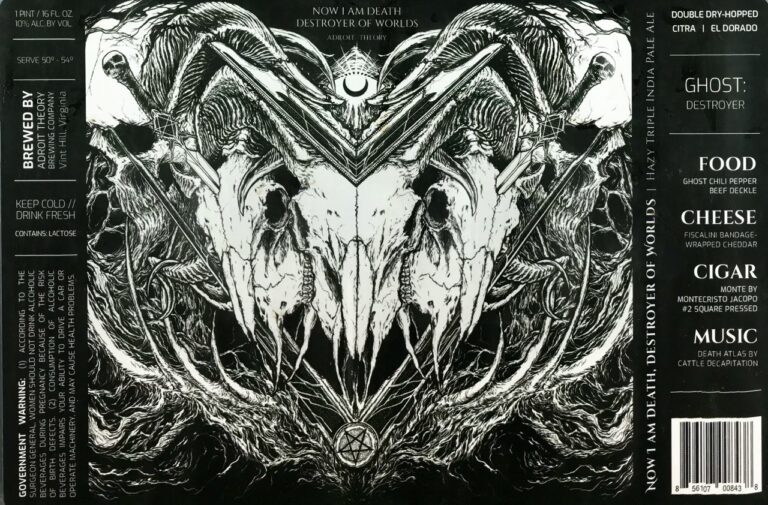 Now I Am Death, Destroyer Of Worlds beer label from Adroit Theory, artwork by Tim Hastings