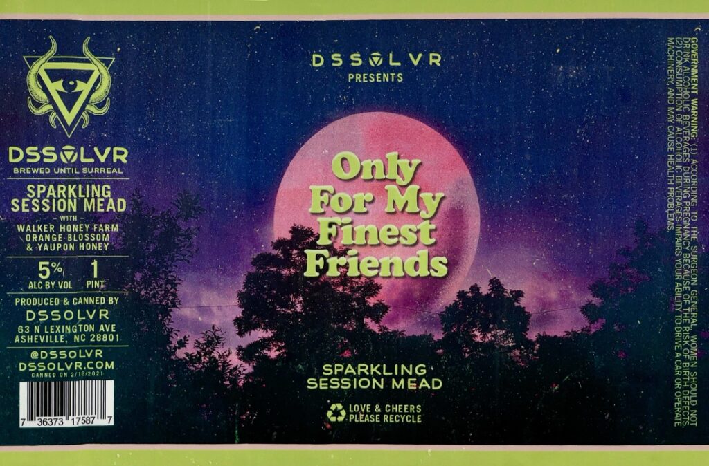 Only For My Finest Friends beer label from DSSOLVR: A large pink moon rises behind dark silhouetted trees under a deep blue night sky with scattered stars.