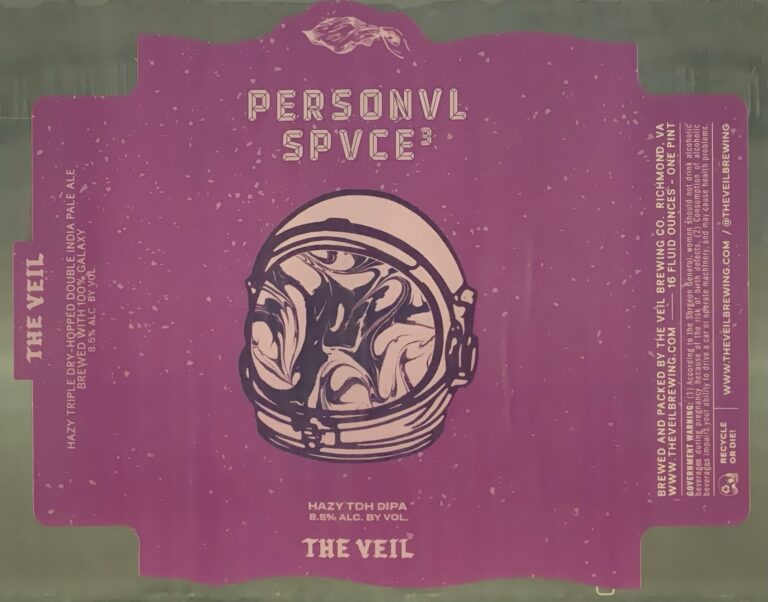Personvl Spvce³ beer label from The Veil: an astronaut's helmet with a swirling brain-like pattern inside, on pale pink