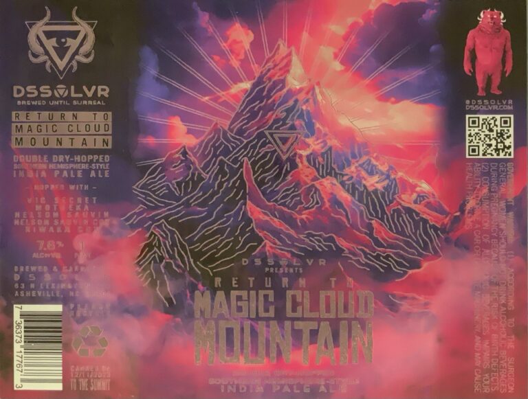 Return To Magic Cloud Mountain beer label from DSSOLVR: A jagged mountain peak rises from a swirling sky of red and purple clouds with white rays radiating outward.