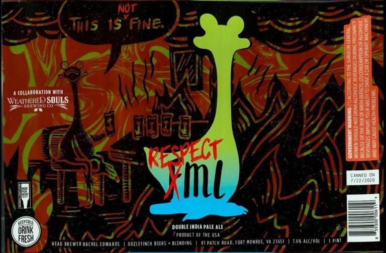 RML (Respect My Life) beer label from Oozlefinch: A lime-green giraffe stands center in a fiery red-orange room with jagged black lines and speech bubbles. A dark figure sits at a desk left.