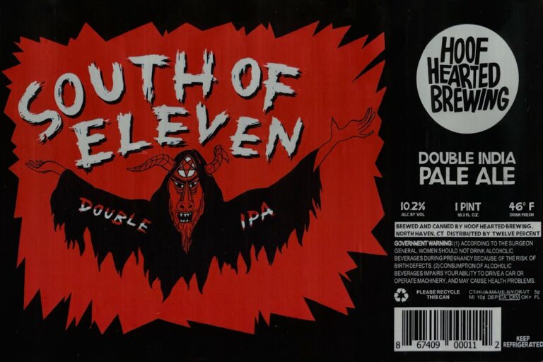 South of Eleven beer label from Hoof Hearted: A red jagged shape frames a black winged demon-like figure with horns and raised arms. White brush-stroke text reads 'SOUTH OF ELEVEN' above; smaller white letters say 'DOUBLE IPA' on wings.