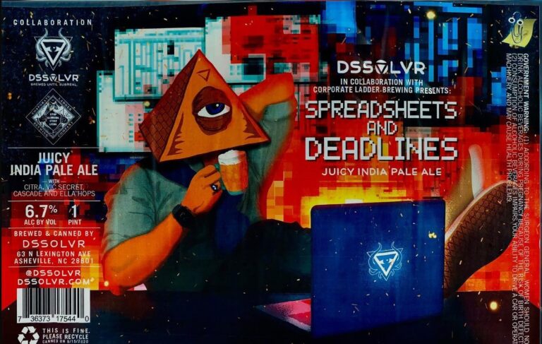 Spreadsheets and Deadlines beer label from DSSOLVR: A figure wearing a triangular pyramid head with an eye holds a mug while sitting before a glowing laptop on a pixelated desk.