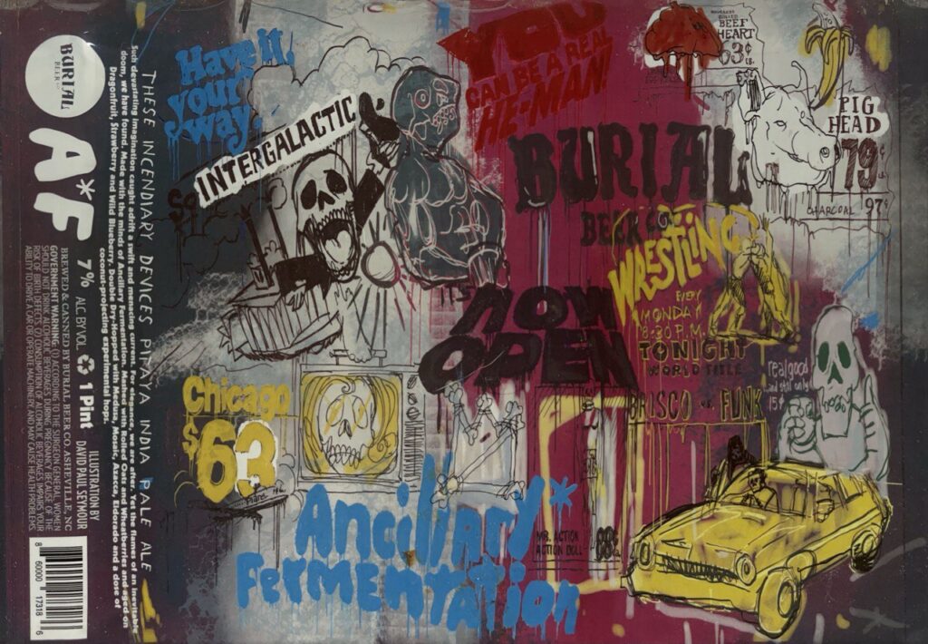 These Incendiary Devices beer label from Burial, artwork by David Paul Seymour